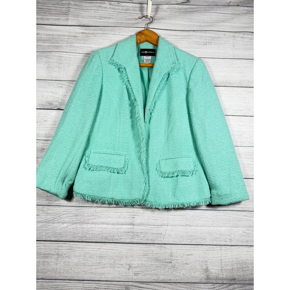 Sag Harbor Women’s Size 8 Mint Green Tweed Fringe Open Front Blazer Jacket 4199